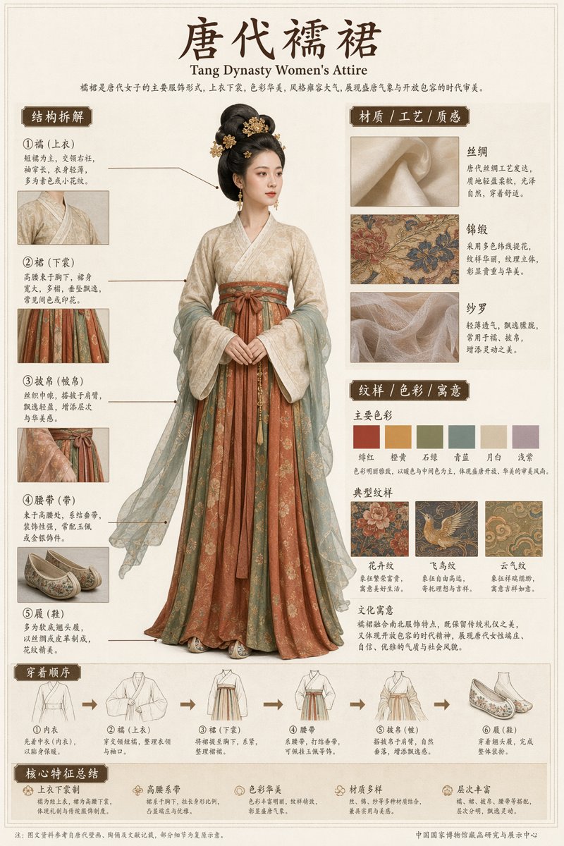 資訊圖提示詞：博物館圖鑑式中文拆解圖，輸入一個主題自動出結構 / 材質 / 紋樣 / 穿着順序（唐代襦裙示例）