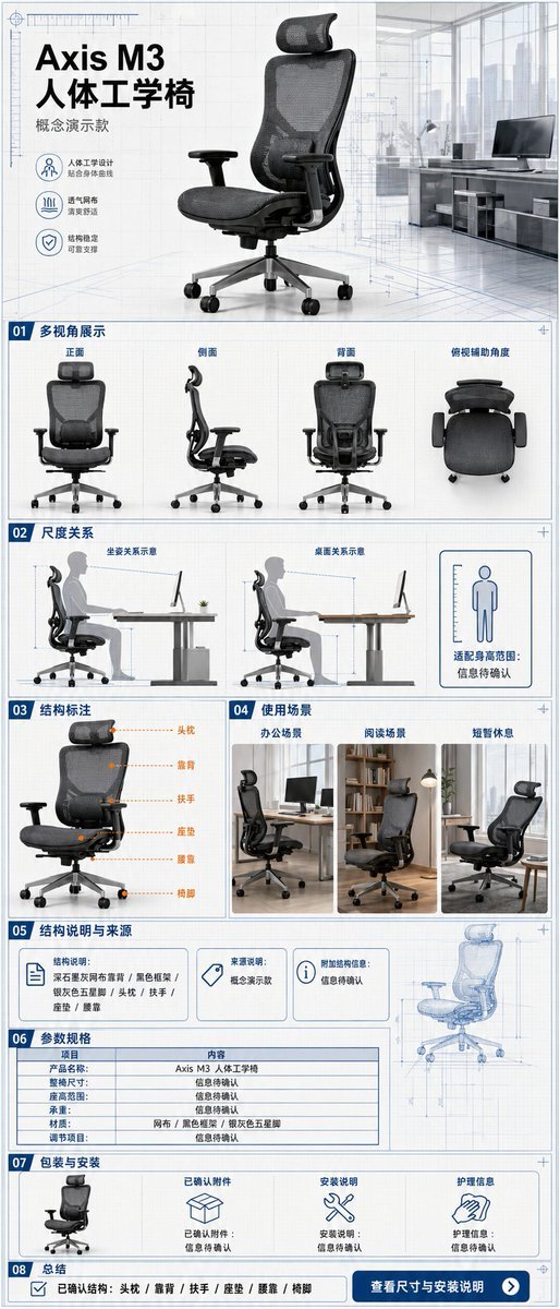 电商详情页提示词：人体工学椅手机端长图详情页，多角度 + 尺寸 + 结构标注 + 参数表一次出齐