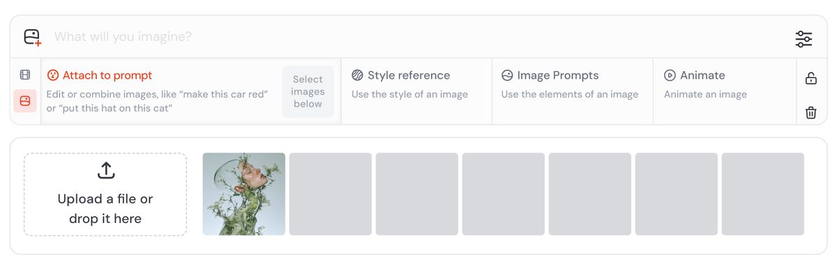 点开图片面板后的 Imagine 栏：Attach to prompt（Edit 模型参考）、Style reference（风格参考）、Image Prompts（图片提示）、Animate（转视频）四个格子（英文界面）