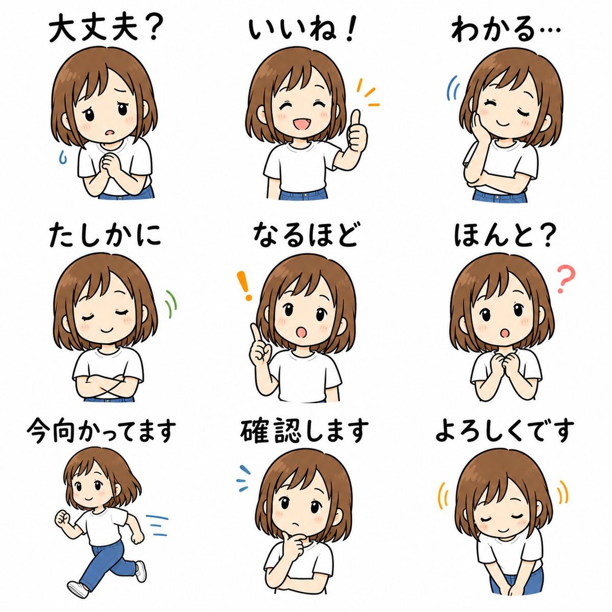 ai表情包制作提示词：短发女生 9 格聊天回复表情包，黑色手写字（gpt-image-2）