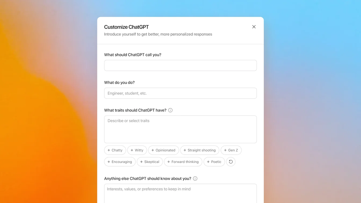 ChatGPT「自定义 ChatGPT」窗口：怎么称呼你、你的职业、希望 ChatGPT 具备的特质、还需要了解你的什么（2025 年 1 月的界面，以实际为准）