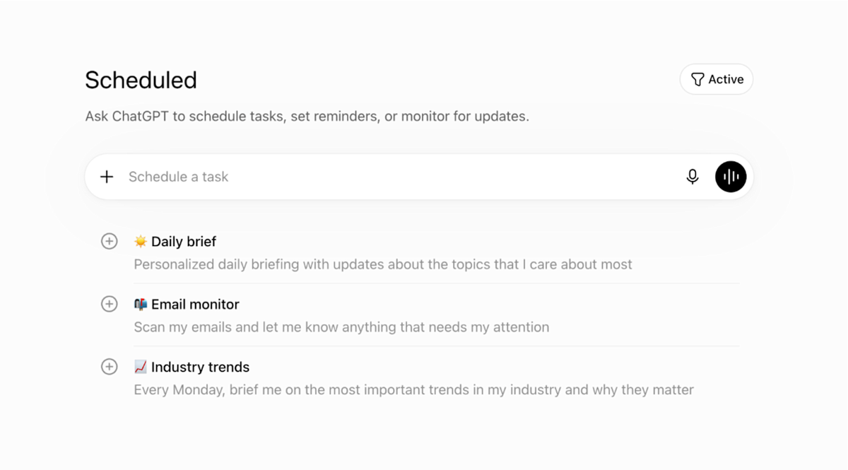 Scheduled 页面：顶部是「Schedule a task」输入框，下方是 Daily brief、Email monitor、Industry trends 三个示例（英文界面）