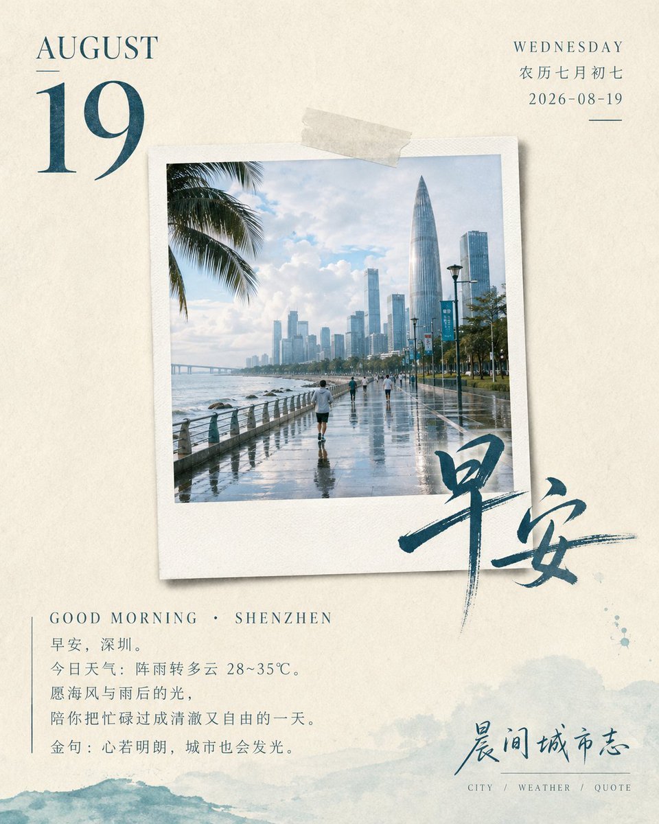 早安海報提示詞：拍立得照片 + 日曆日期 + 書法"早安"的日系城市早安圖（gpt-image-2）