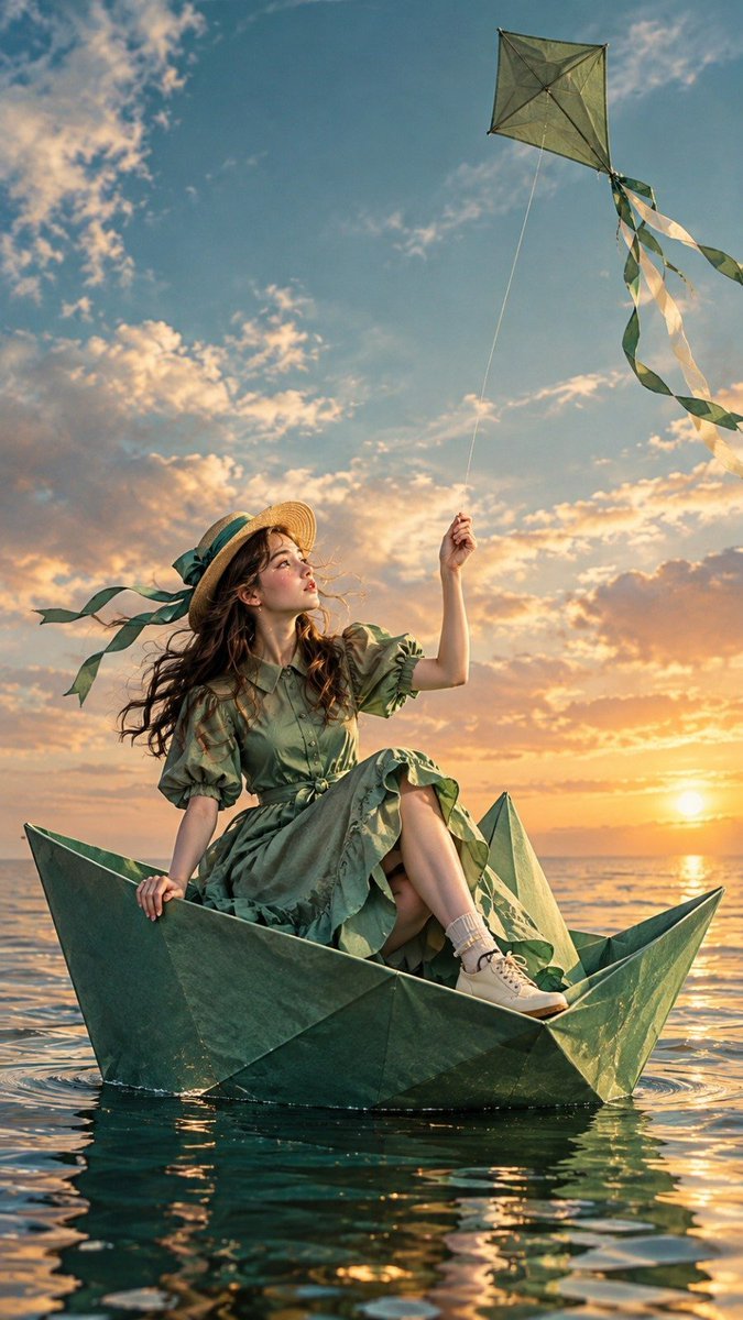 壁紙提示詞：坐在巨型紙船上放風箏的少女，日落海面的夢幻童話寫真（gpt-image-2）