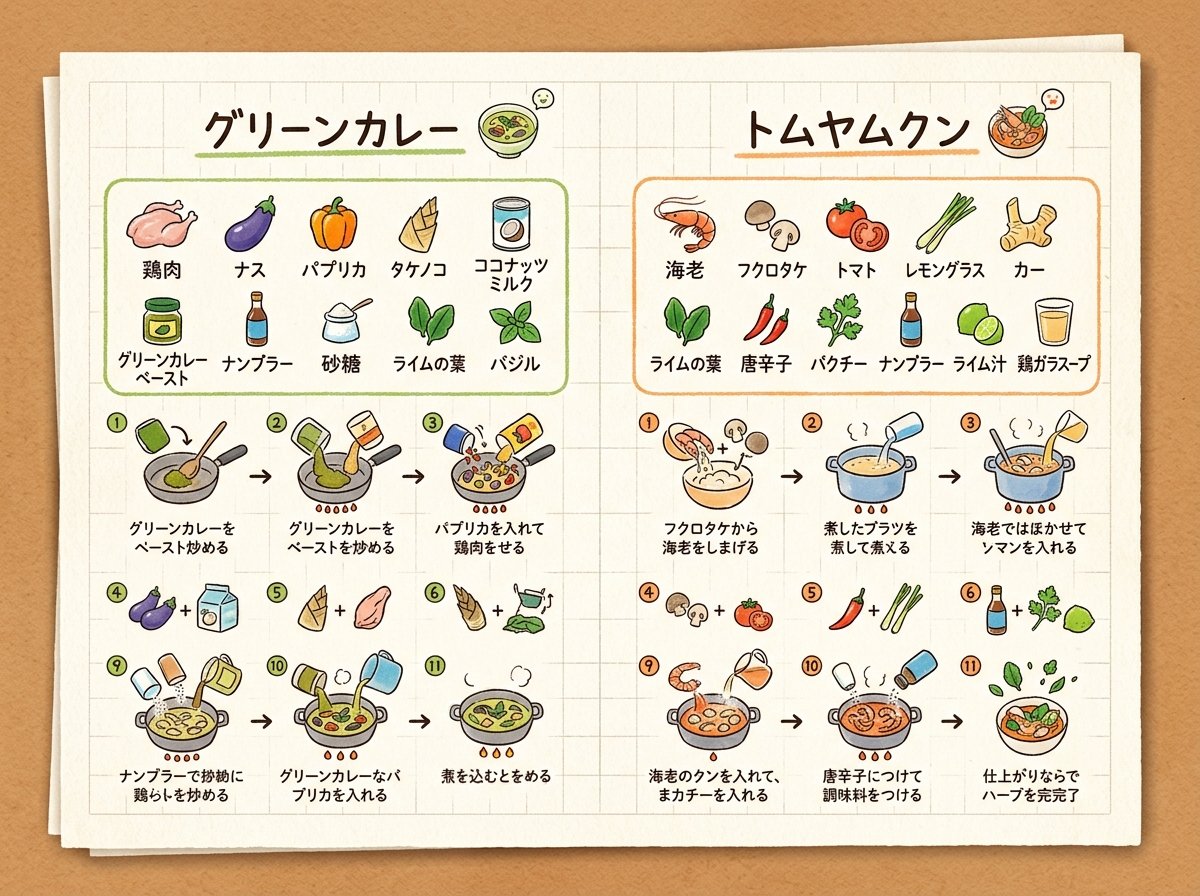 信息图提示词：方格本手绘菜谱，一页两道菜的食材图标 + 步骤插画（nano banana）
