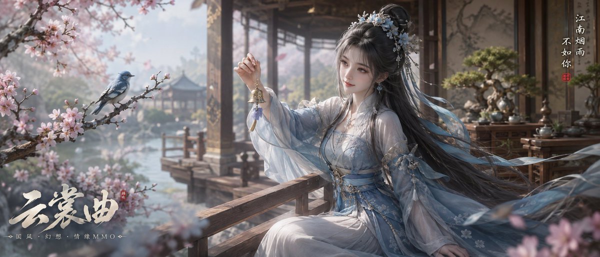 古風遊戲海報提示詞：3D CG 東方仙俠遊戲宣傳圖（水榭櫻花 + 書法標題）（gpt-image-2）