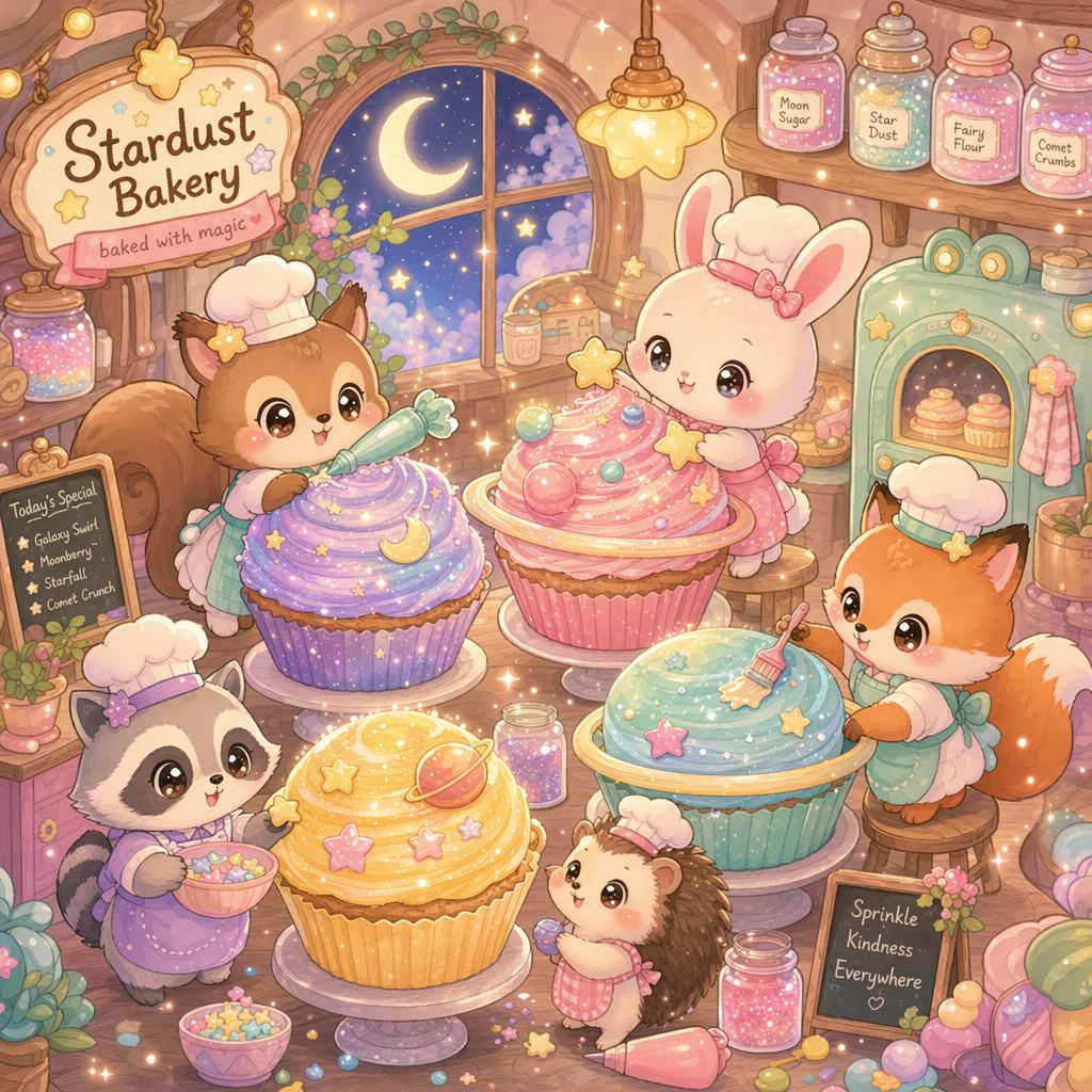 贴纸提示词：Q 版森林小动物星空面包店，治愈系马卡龙色童话插画