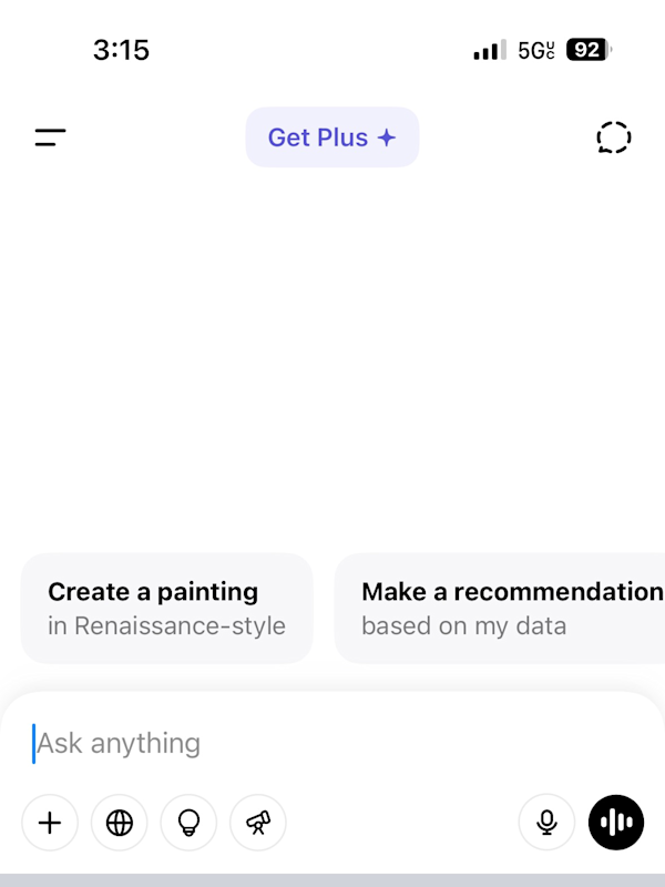 ChatGPT iOS App 首页顶部的 Get Plus 按钮（英文界面，2025 年的样式）