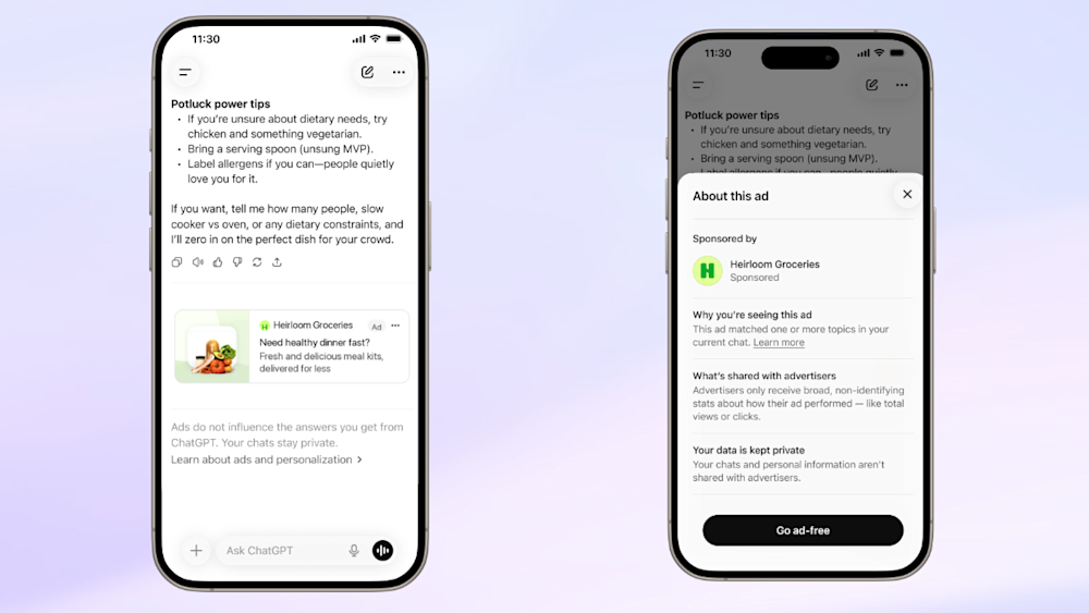 官方截图：iOS 里 ChatGPT 回答下方的广告卡片，标有 Ad；点开「About this ad」可看到为什么看到这条广告以及 Go ad-free 按钮（英文界面）