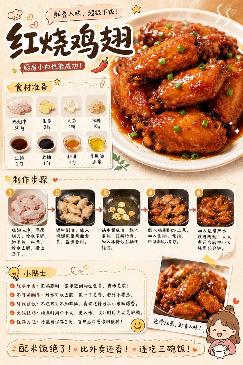 AI菜谱海报提示词：小红书风做菜图文笔记（食材 + 步骤图 + 小贴士）（gpt-image-2）