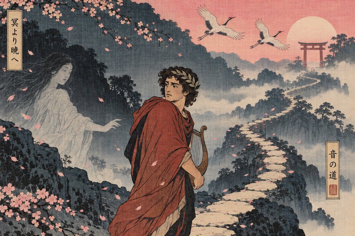 壁纸提示词：浮世绘木版画风的神话故事场景，樱花、云海、石径与题签（gpt-image-2）