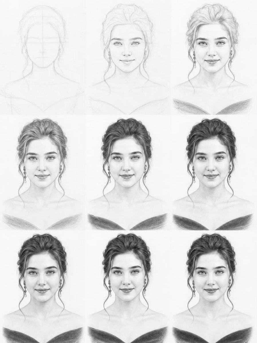 素描教程图提示词：铅笔人像从构图线到完成稿的 9 步过程图（gpt-image-2）