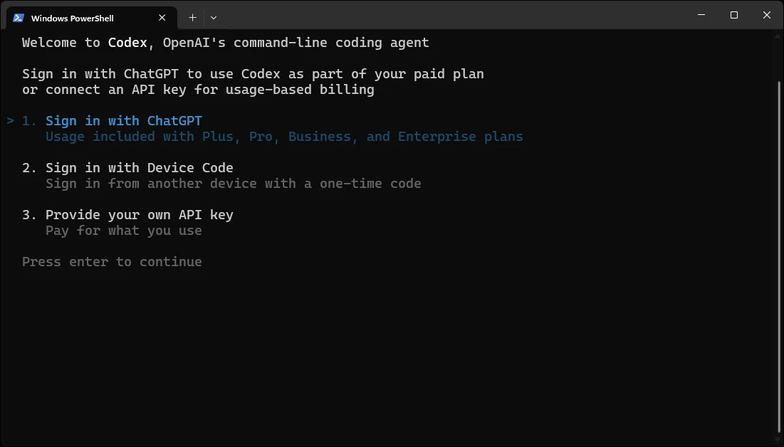 Codex CLI 首次启动时的登录方式选择