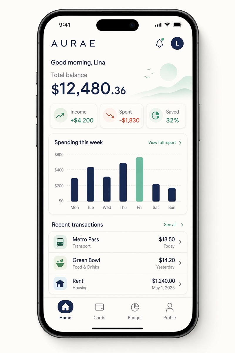UI设计提示词：记账理财 App 首页手机样机，余额卡+周支出柱状图+交易列表（gpt-image-2）