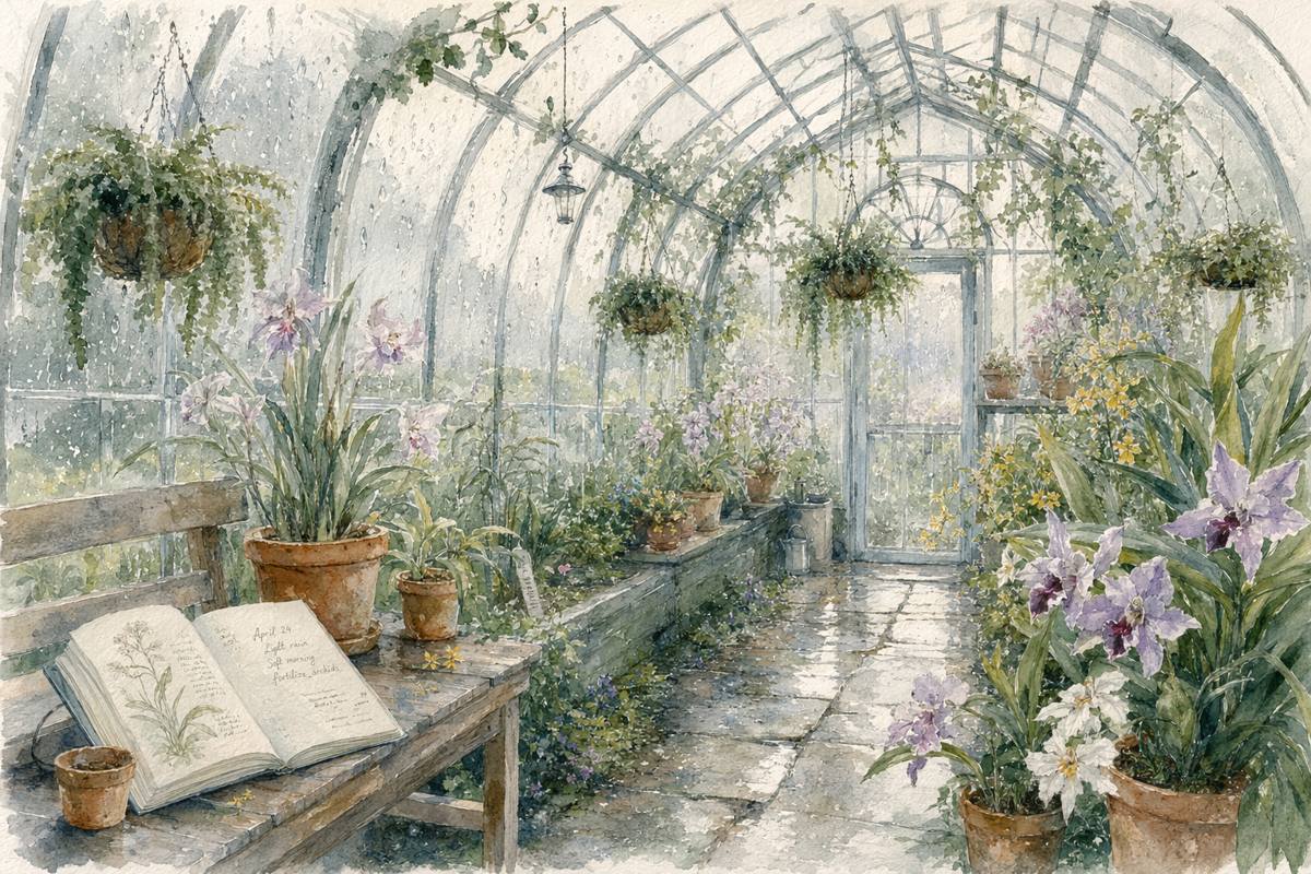 壁纸提示词：雨天清晨的玻璃温室水彩画（兰花、吊篮、摊开的植物笔记）